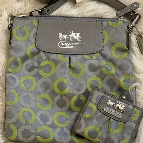 Like New Cute Coach Grey & Green Crossbody With New Matching Wallet! - Picture 2 of 9